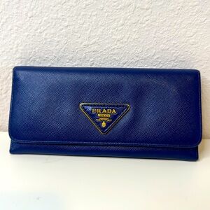 Prada Triangle Plate Saffiano Long Wallet/ Blue Leather